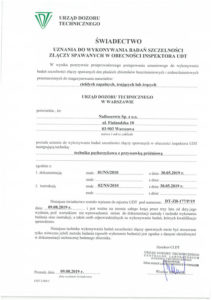 Certificate of recognition for leakage tests no DT-ZB-177/P/19