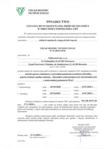 Certificate of recognition for leakage tests no DT-ZB-187/C/20